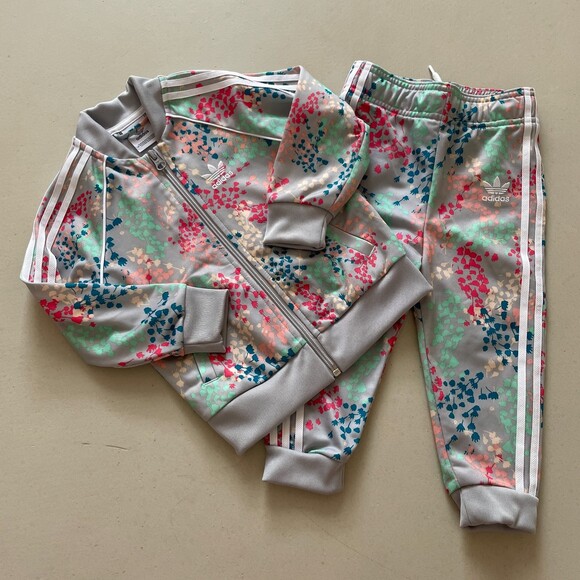 adidas Floral Print Track Jacket and Pants Set Gray Pink 2T - Picture 2 of 8